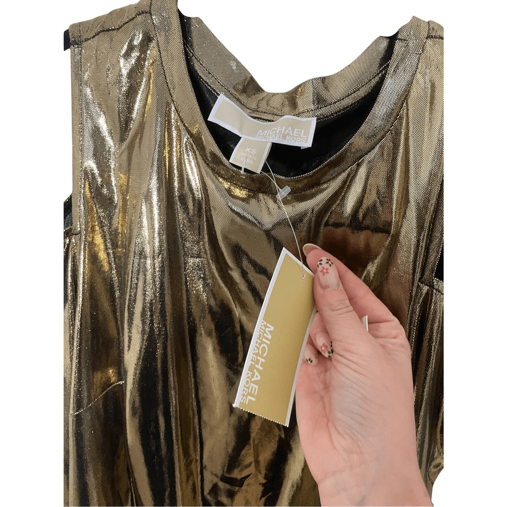 NEW Michael Kors Womens Gold Metallic Foil Cold Shoulder Regency Glam Formal Top