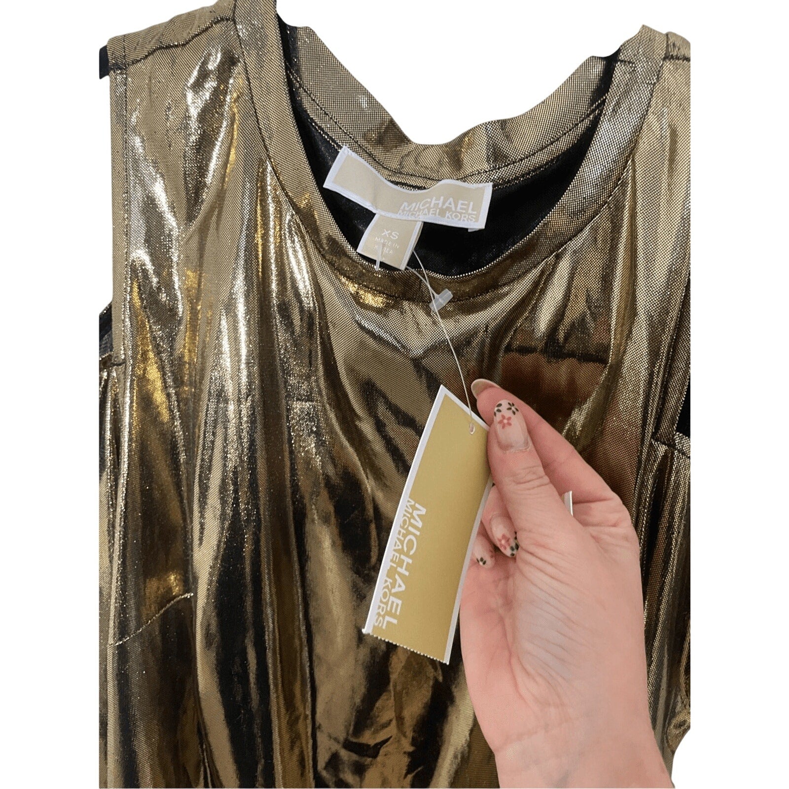 NEW Michael Kors Womens Gold Metallic Foil Cold Shoulder Regency Glam Formal Top