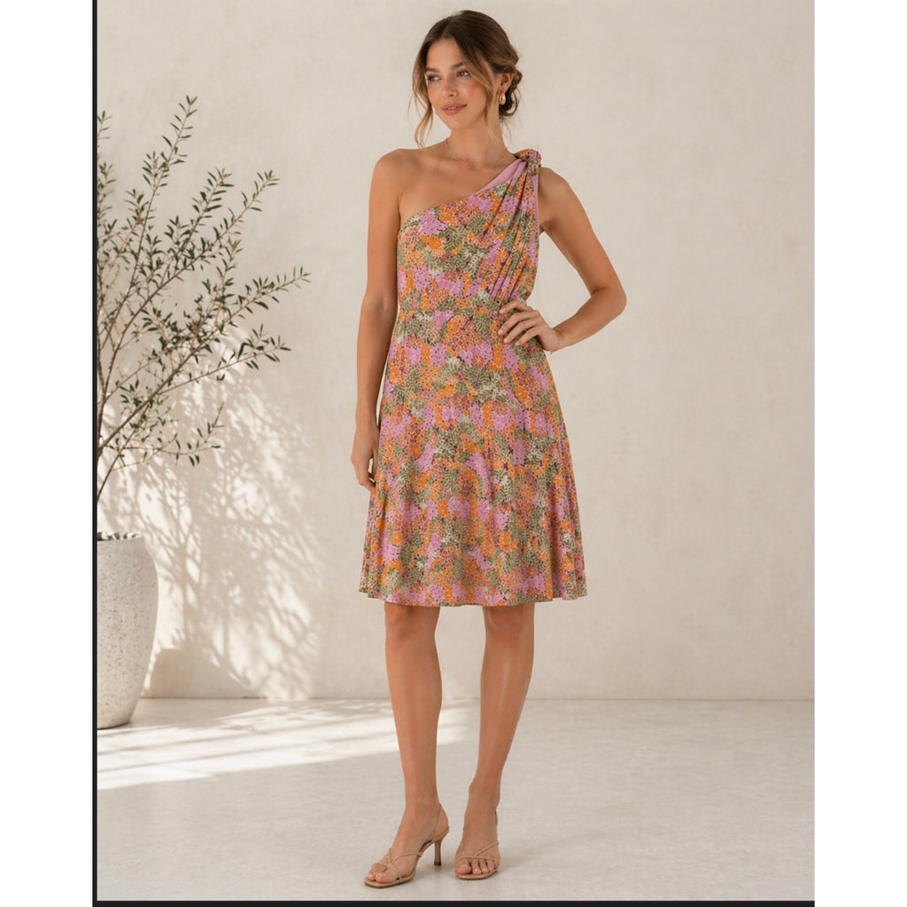 Sky to Moon Western Date Night Romantic Boho Pink Floral One Shoulder Sun Dress