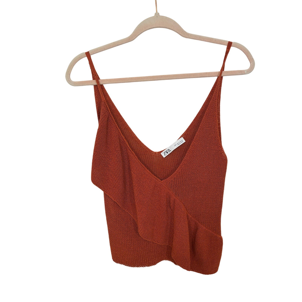 Zara Rust Orange Knit Ruffle Tank Top Western Boho Deep V-Neck Flowy S