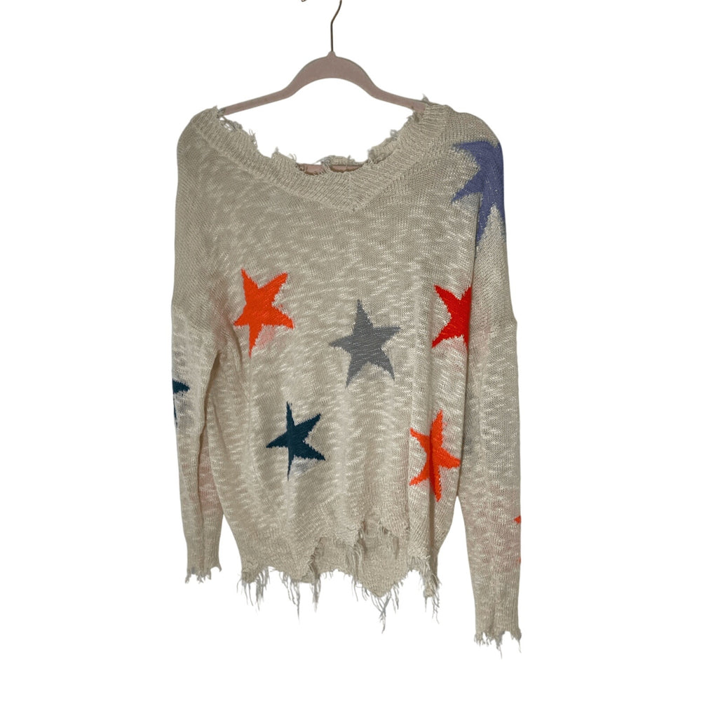 Main Strip Star Distressed Sweater Scoopneck Preppy Teacher Funky Oversized M
