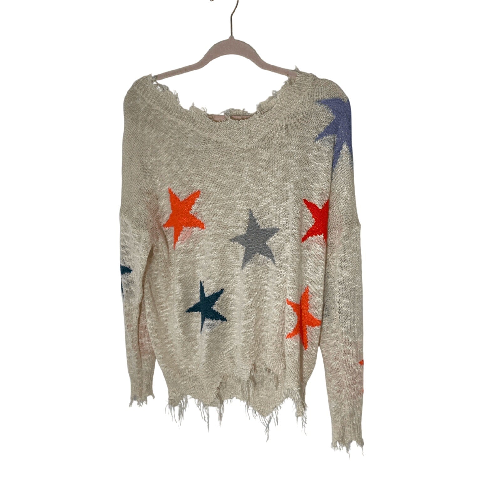 Main Strip Star Distressed Sweater Scoopneck Preppy Teacher Funky Oversized M