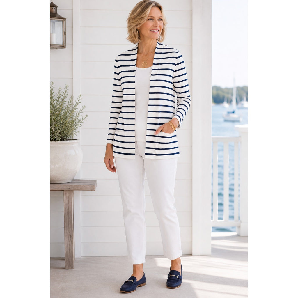 Chico's Striped Cotton The Ultimate Tee Collection Cotton Nautical Cardigan SZ 0