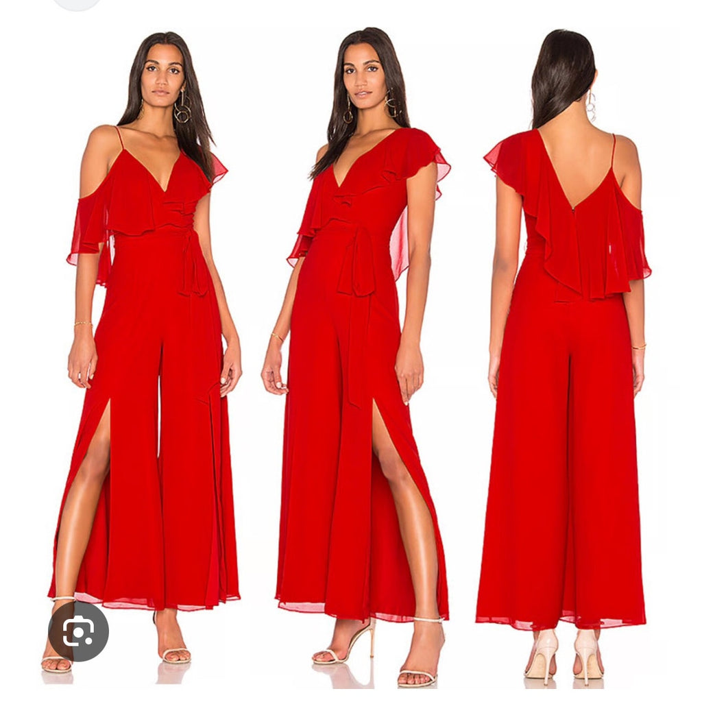 Revolve Fame and Partners Red Asymmetrical Ruffle Jumpsuit Glam Event Wedding 0