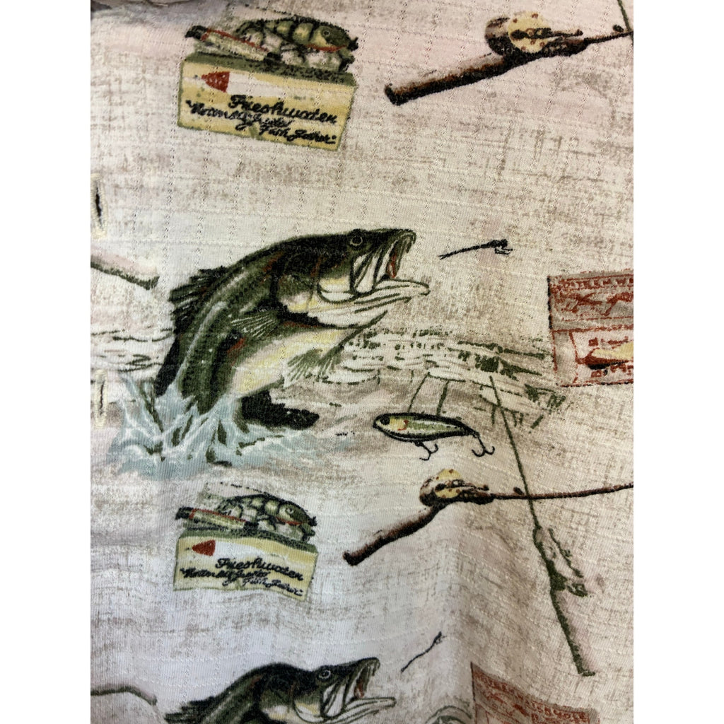 American Summer Polo Shirt Mens XL White  AOP Bass Fishing Print Casual Grandpa