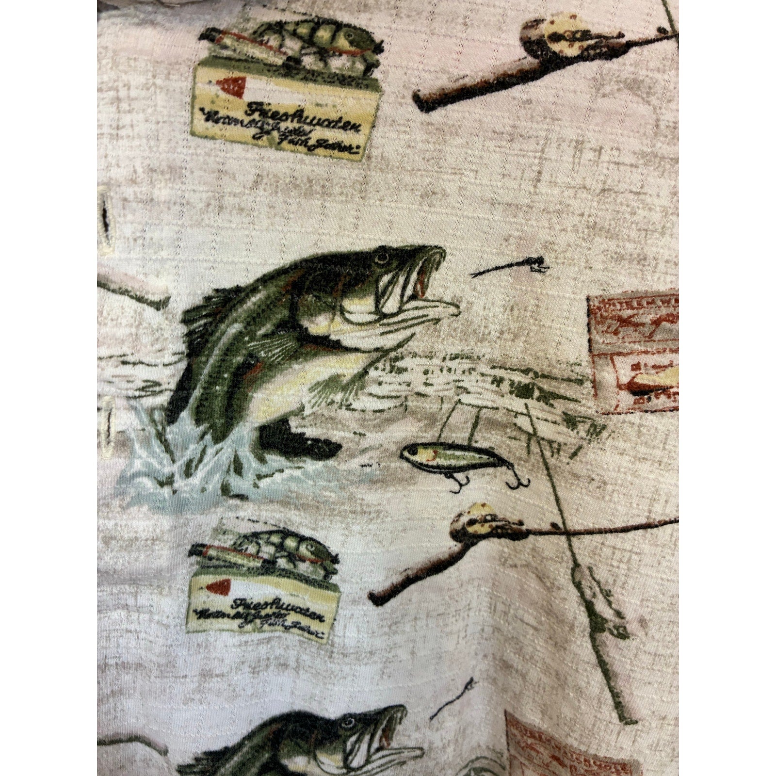 American Summer Polo Shirt Mens XL White  AOP Bass Fishing Print Casual Grandpa