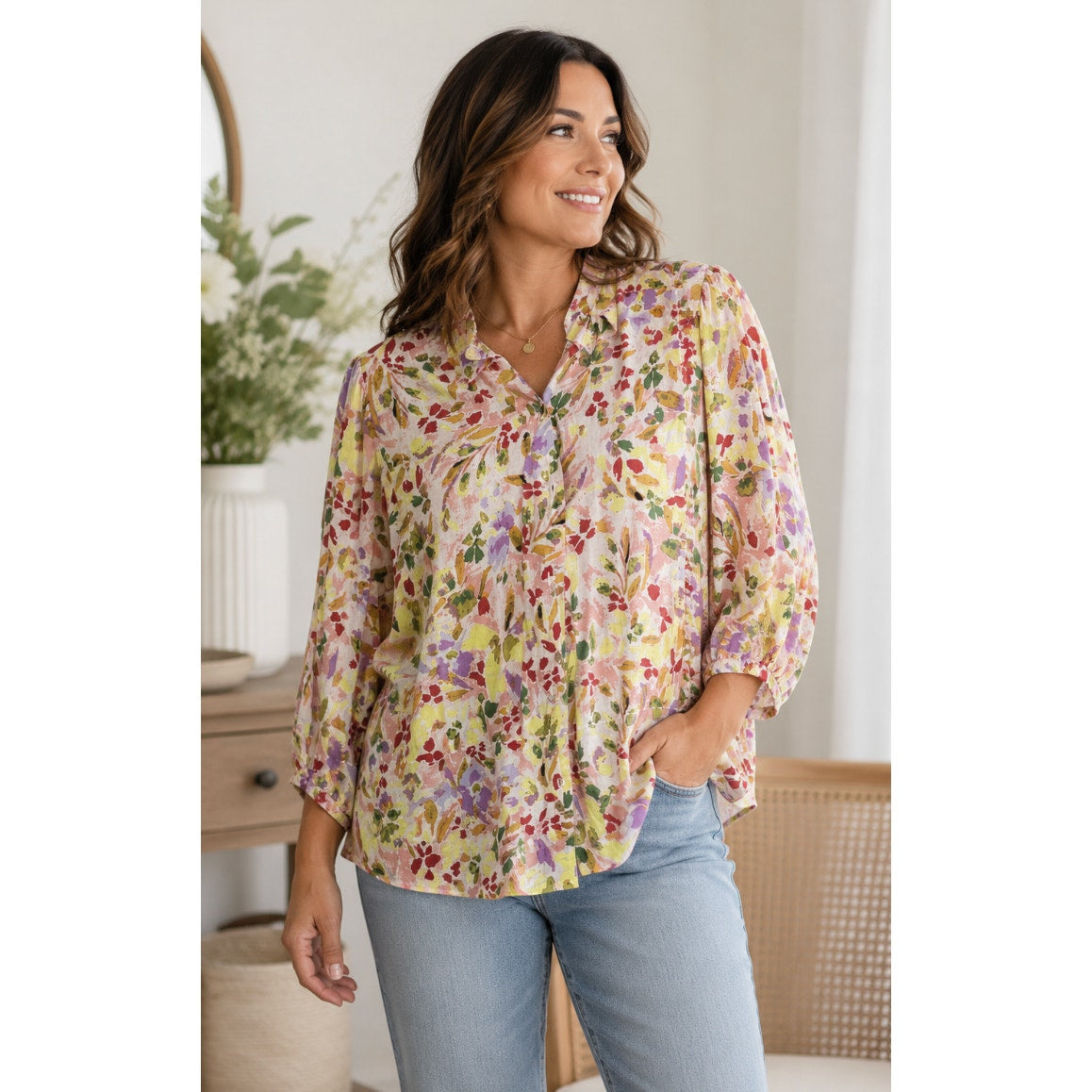 Lauren Conrad floral 3/4 sleeve button front spring summer top boho floral XL