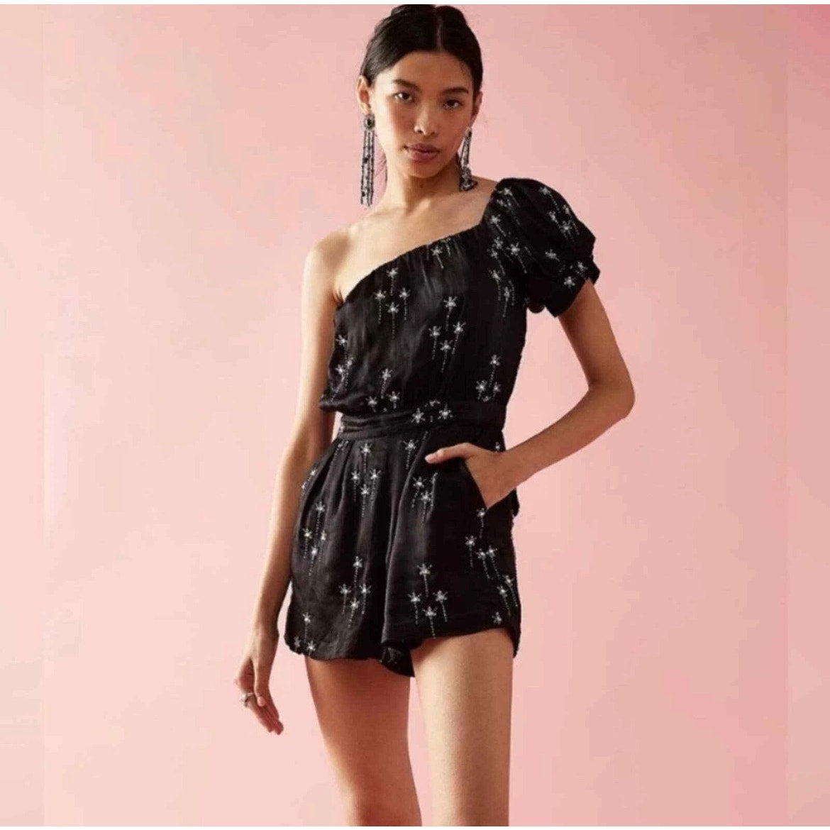 Free People Gemini One Shoulder Beaded Silky Party Romper Size S Cowgirl Rodeo