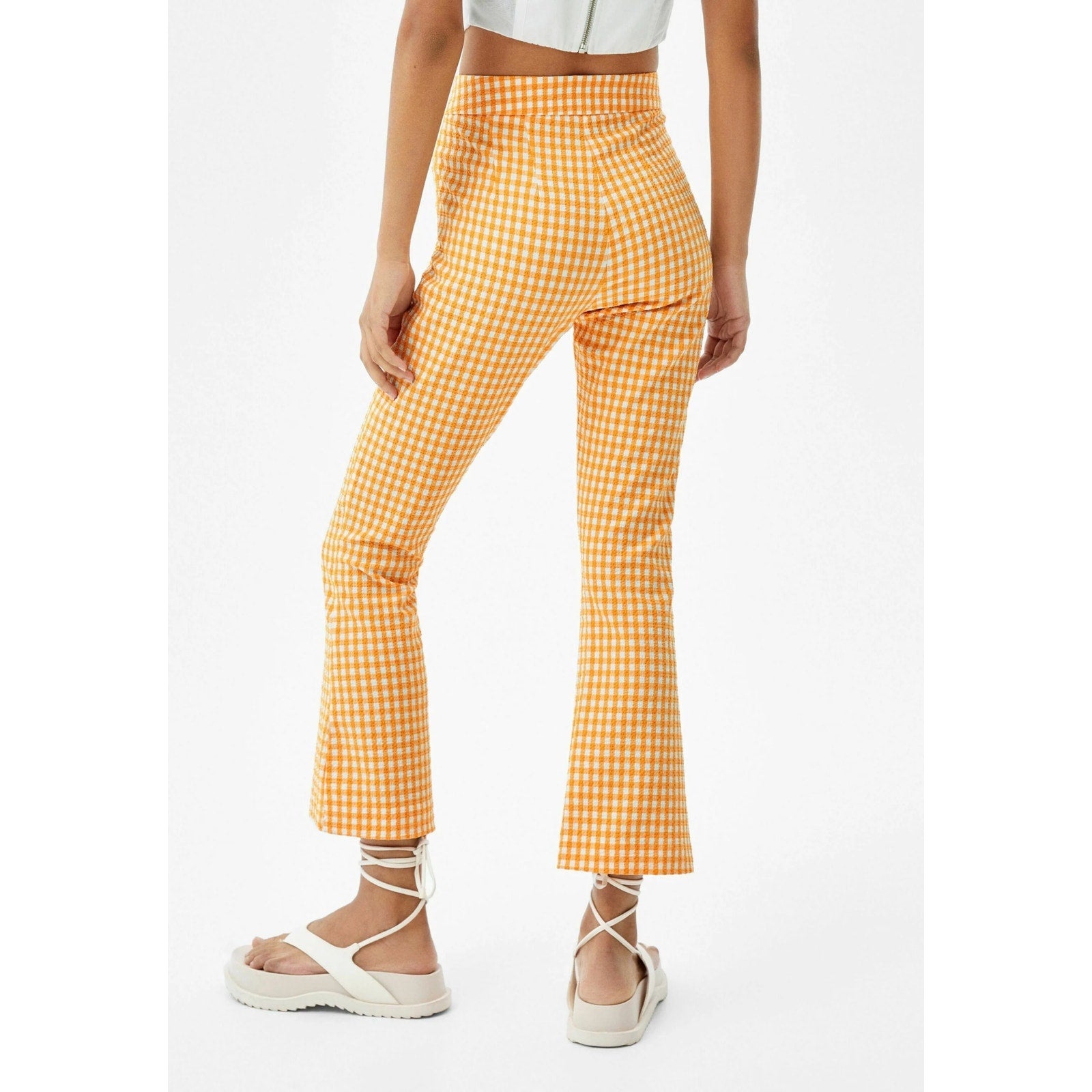 Bershka Orange Gingham Y2K Cropped Flare Pants High Waisted Retro Preppy Plaid 0