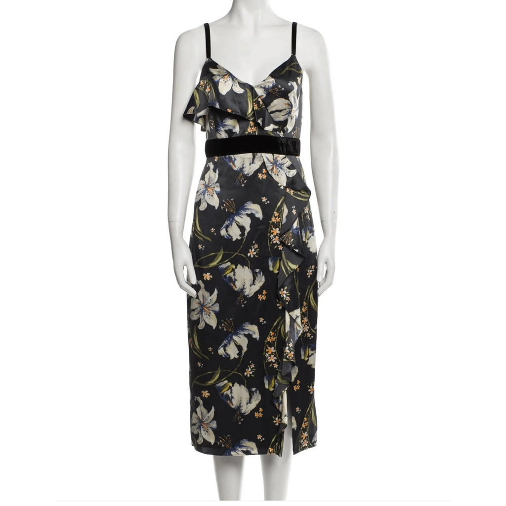 New Cinq A Sept Leena Black Floral Velvet Silk Midi Dress Womens Size 0 Wedding