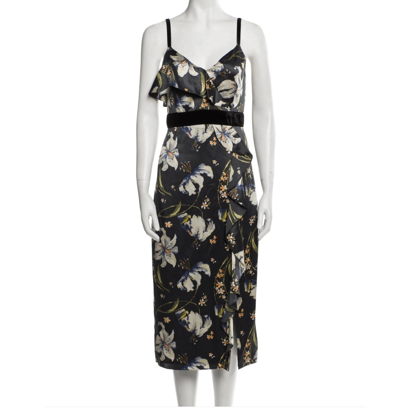 New Cinq A Sept Leena Black Floral Velvet Silk Midi Dress Womens Size 0 Wedding
