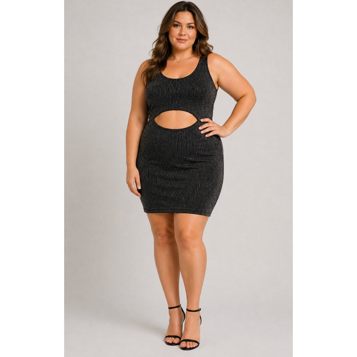 See You Monday Dress Women Large Black Silver Metallic Cutou Bodycon Sleeveless