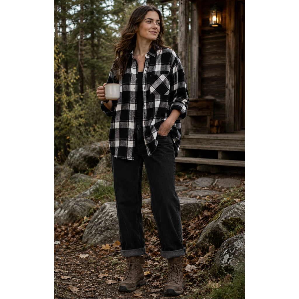 Woolrich plaid button-up flannel Gingham Black White Lumberjack Gorpcore XXL