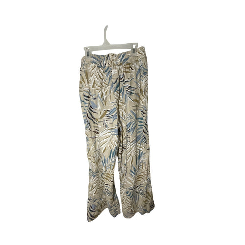 C&C California Tan Leaf Pattern Hawaiian Style Elastic Casual Pants Linen Small