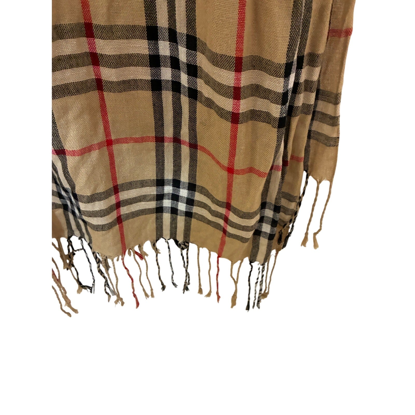 Check Archive Beige Black Rectangular Fringe Long Plaid Scarf 24Wx60L Preppy