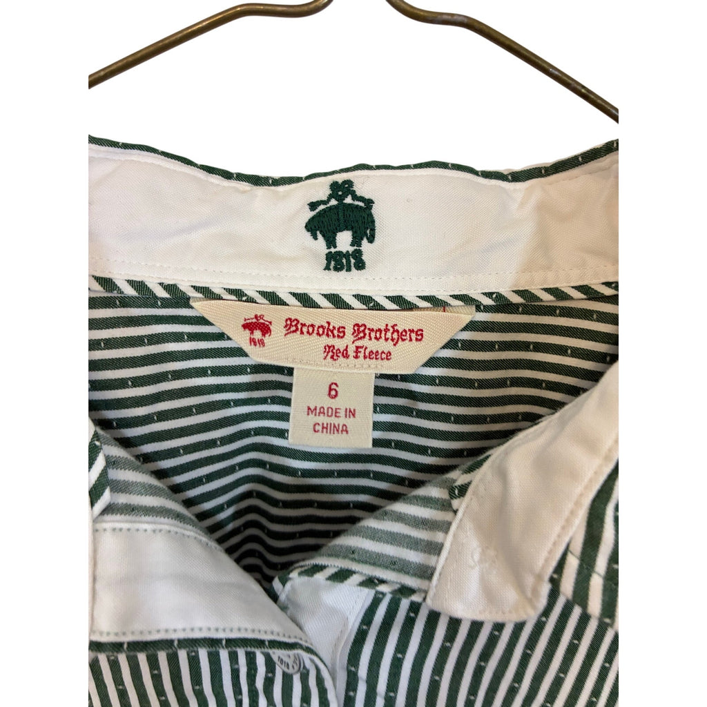 Brooks Brothers Red Fleece Button Down Shirt Women's 6 Green White Stripe Oxford