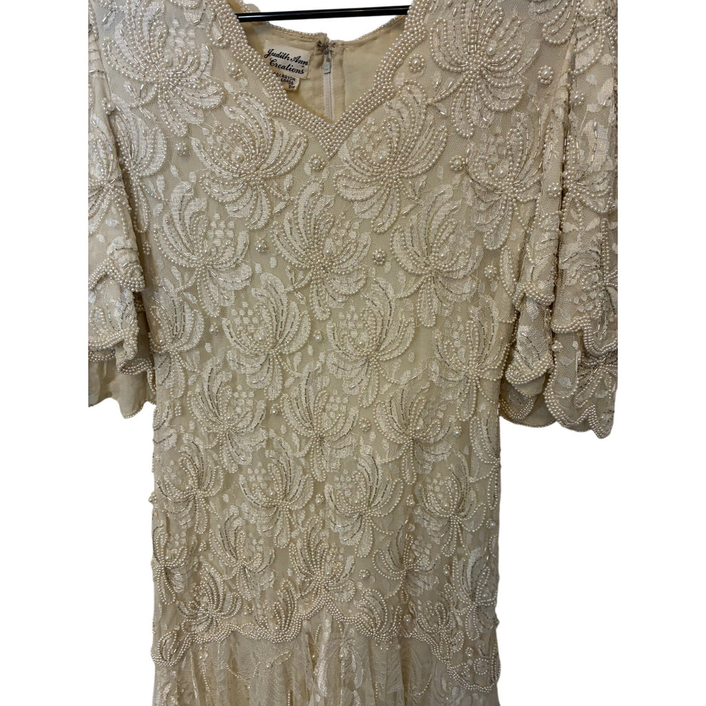 Vintage Judith Ann Lace Beaded Wedding Dress Women’s Sz M Faux Pearl Boho Lace