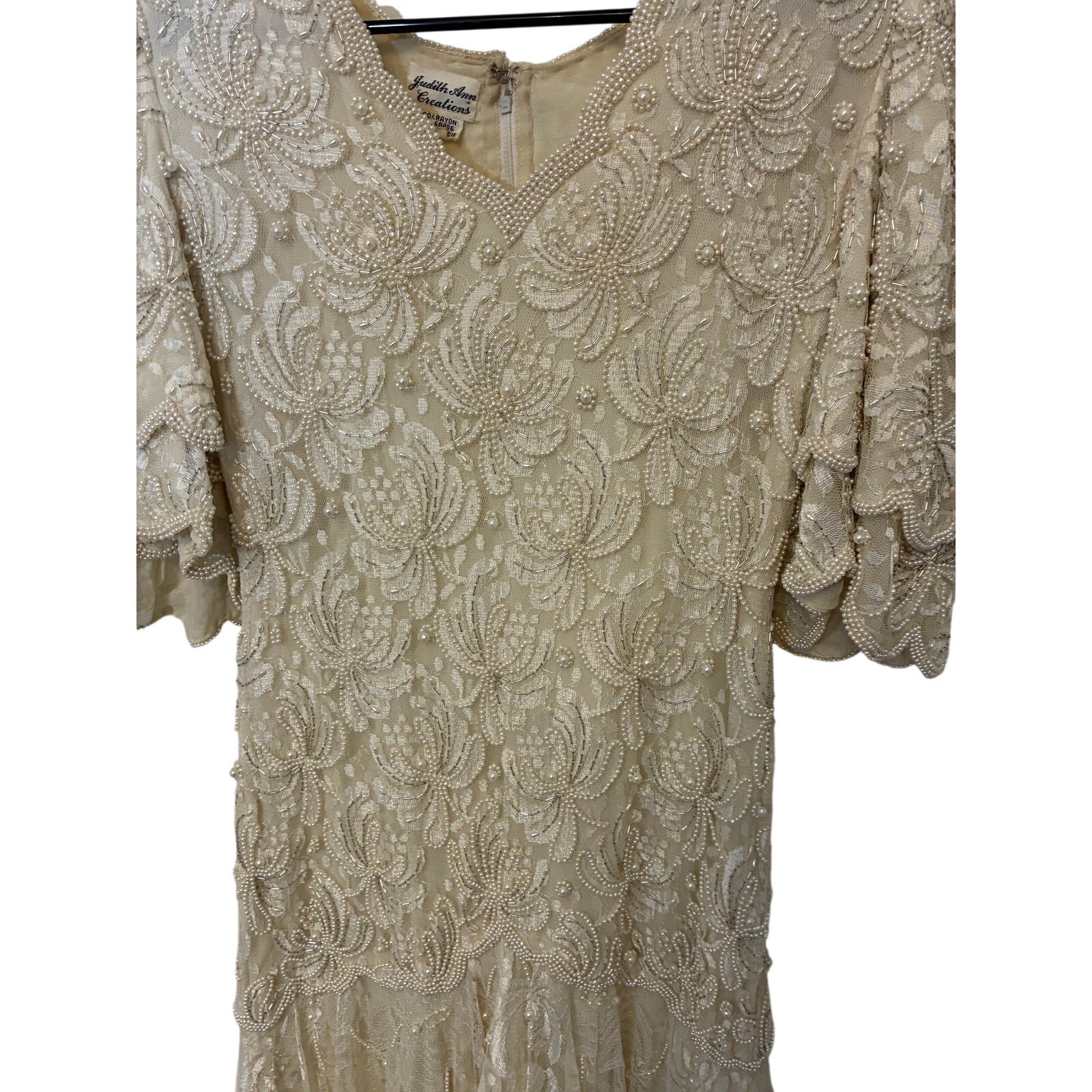 Vintage Judith Ann Lace Beaded Wedding Dress Women’s Sz M Faux Pearl Boho Lace
