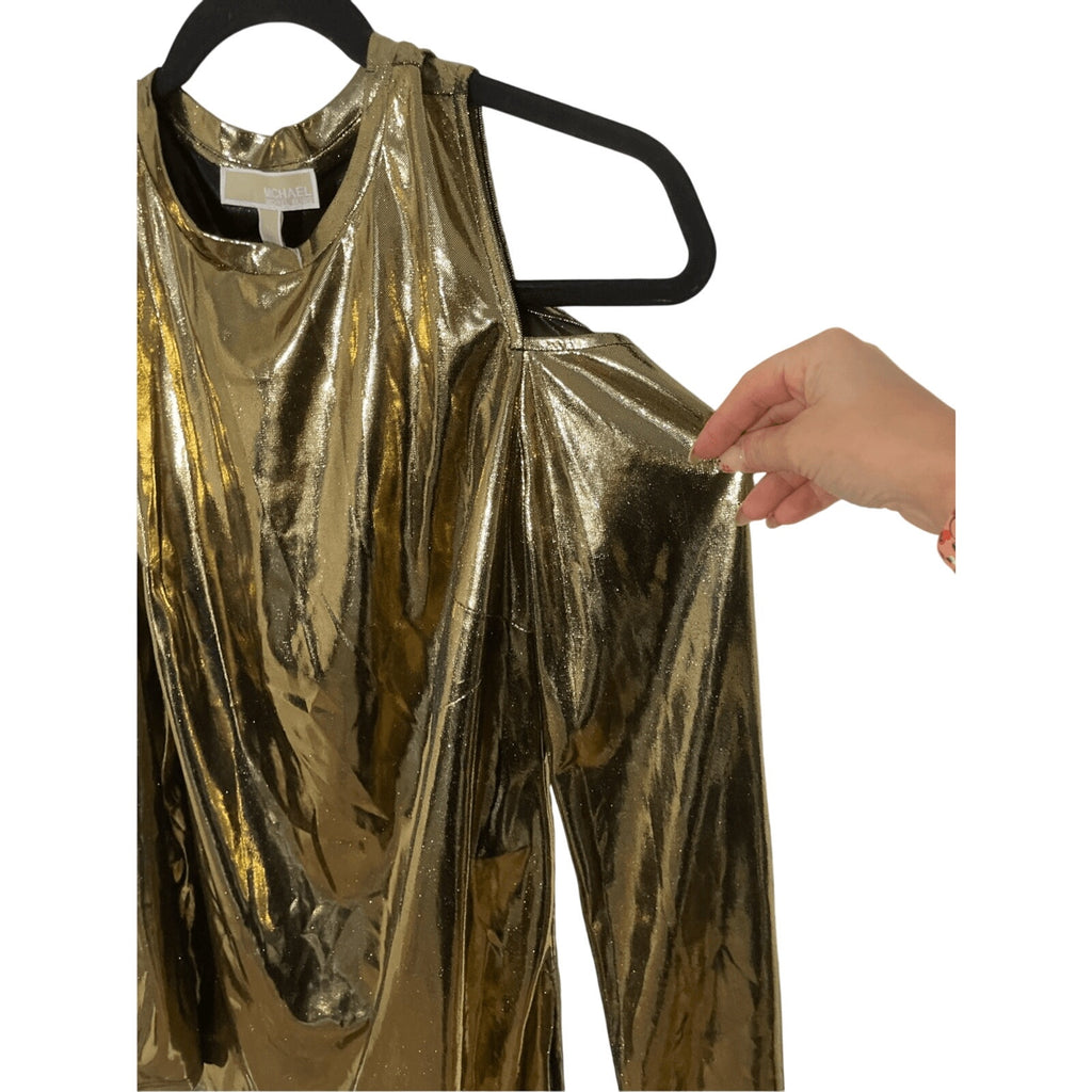 NEW Michael Kors Womens Gold Metallic Foil Cold Shoulder Regency Glam Formal Top