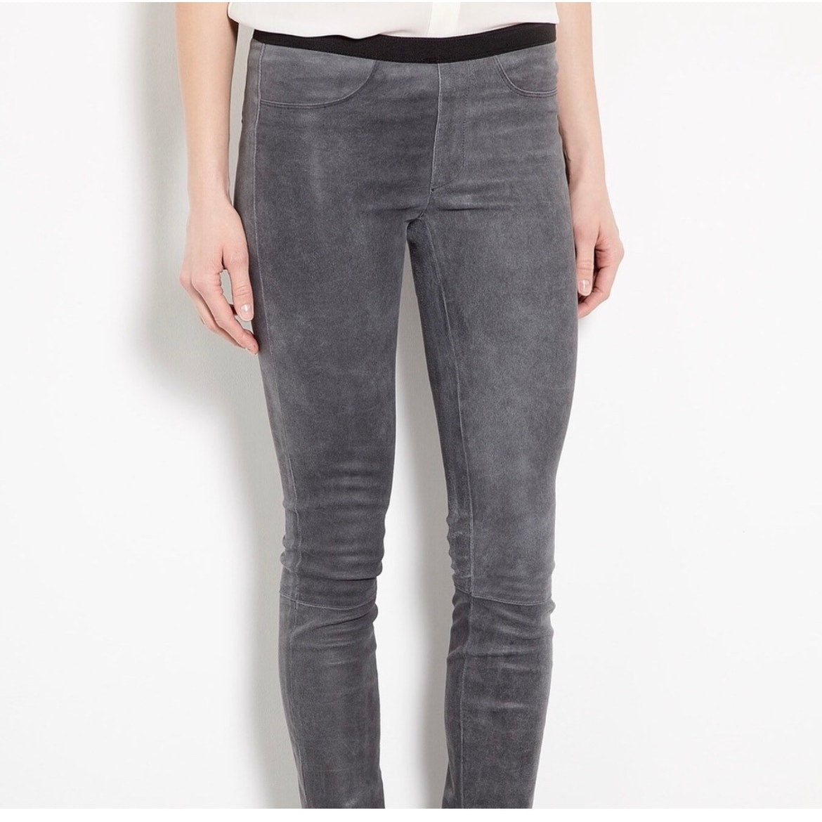 Helmut Lang Patina Grey Lamb Leather Suede Skinny Leggings 2 Designer Celebrity