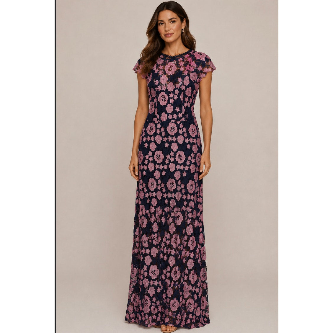 Shoshanna Pink Floral Lace Maxi Gown Crochet Illusion Neck Evening Dress Garden