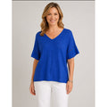 Chico's Women's Short Sleeve Pullover Linen Royal Blue Stretch Size 2 (US L) Top