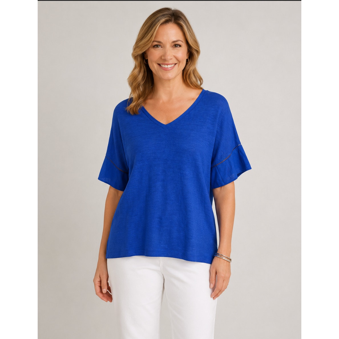 Chico's Women's Short Sleeve Pullover Linen Royal Blue Stretch Size 2 (US L) Top