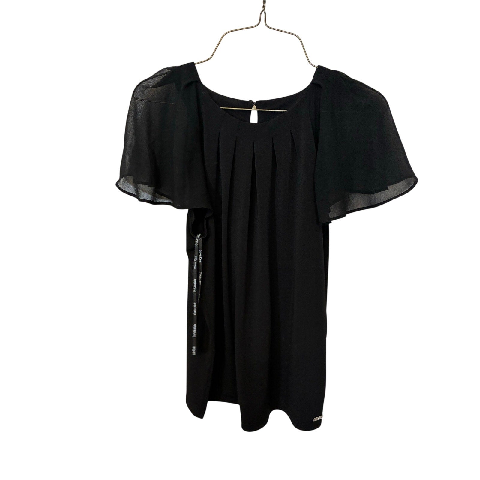 Calvin Klein Black Pleated Neck Flutter Sleeve Blouse Career Chic Top S