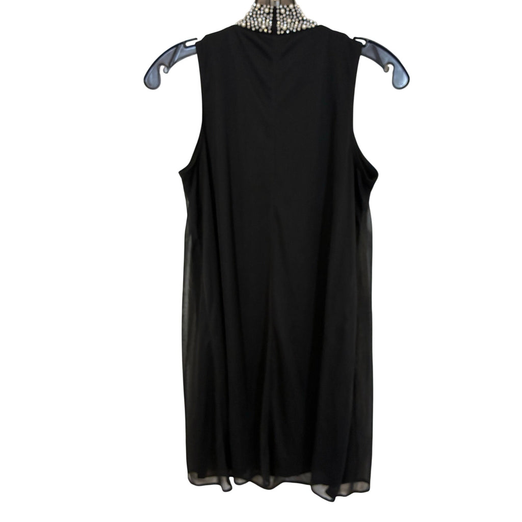 Tiana B Sleeveless Black Embellish Dress 6P Mock Neck Sleek Chic Flowy Event Work