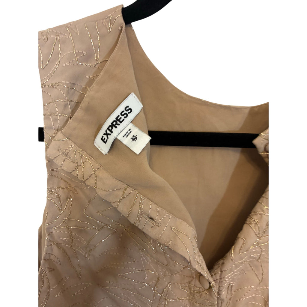 Express Sleeveless Metallic Embroidery Gold Sheen Tan Button Back Top Blouse XS
