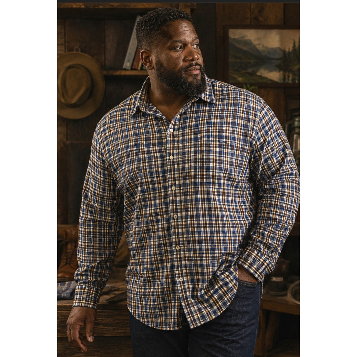 Alex Cannon 2XL Plaid Flannel Shirt Men’s Blue Brown Heritage Western