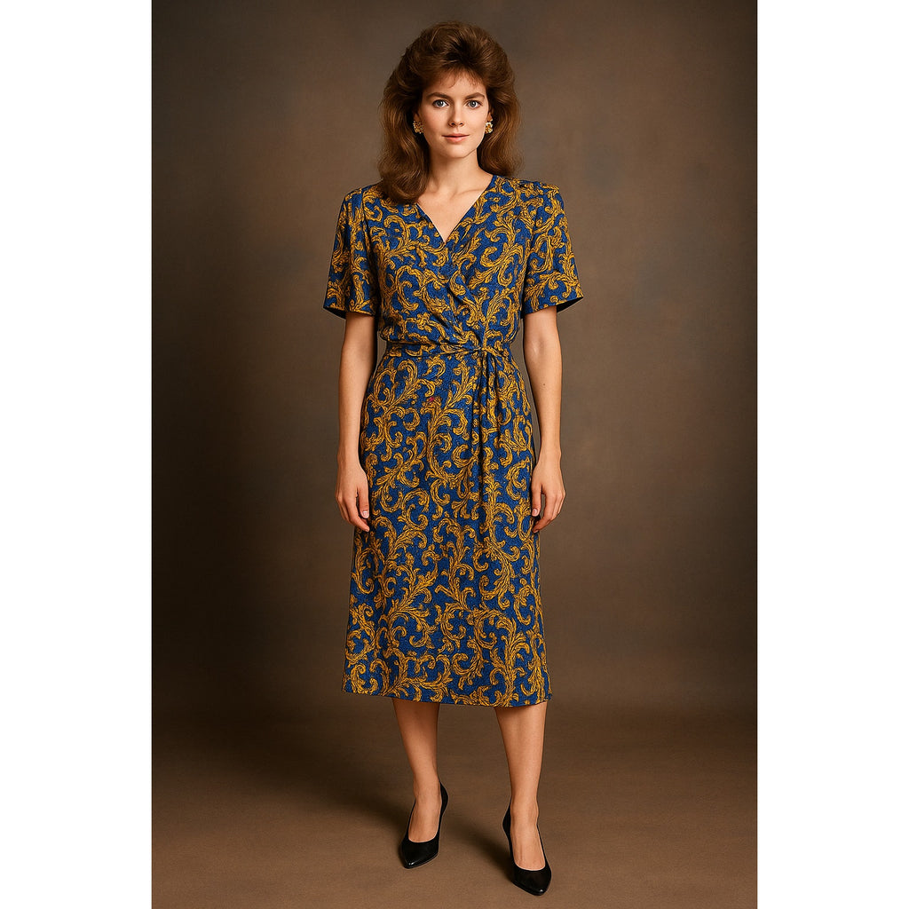 Vintage Silk Patterned Blue Front Tie Wrap Dress Retro Swing Women Midi