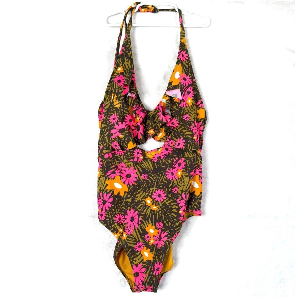 Aerie Floral Ruffle Halter Cutout One Piece Full Coverage Swimsuit Womens XS