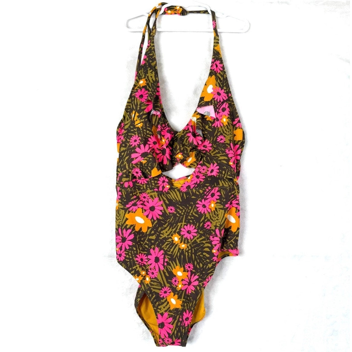 Aerie Floral Ruffle Halter Cutout One Piece Full Coverage Swimsuit Womens XS