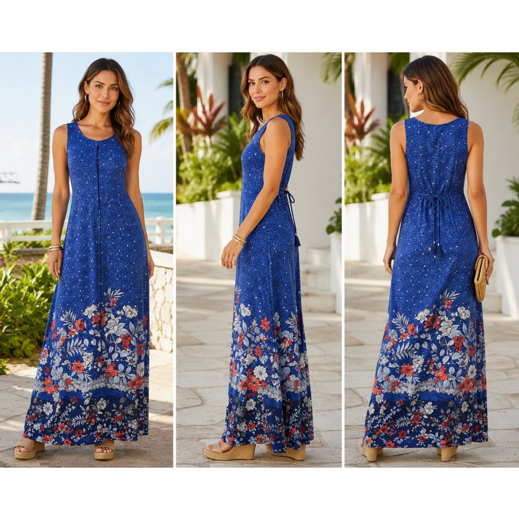 Tommy Bahama Lilium Gardens Tropical Floral Maxi Dress Resort Vacation Blue L