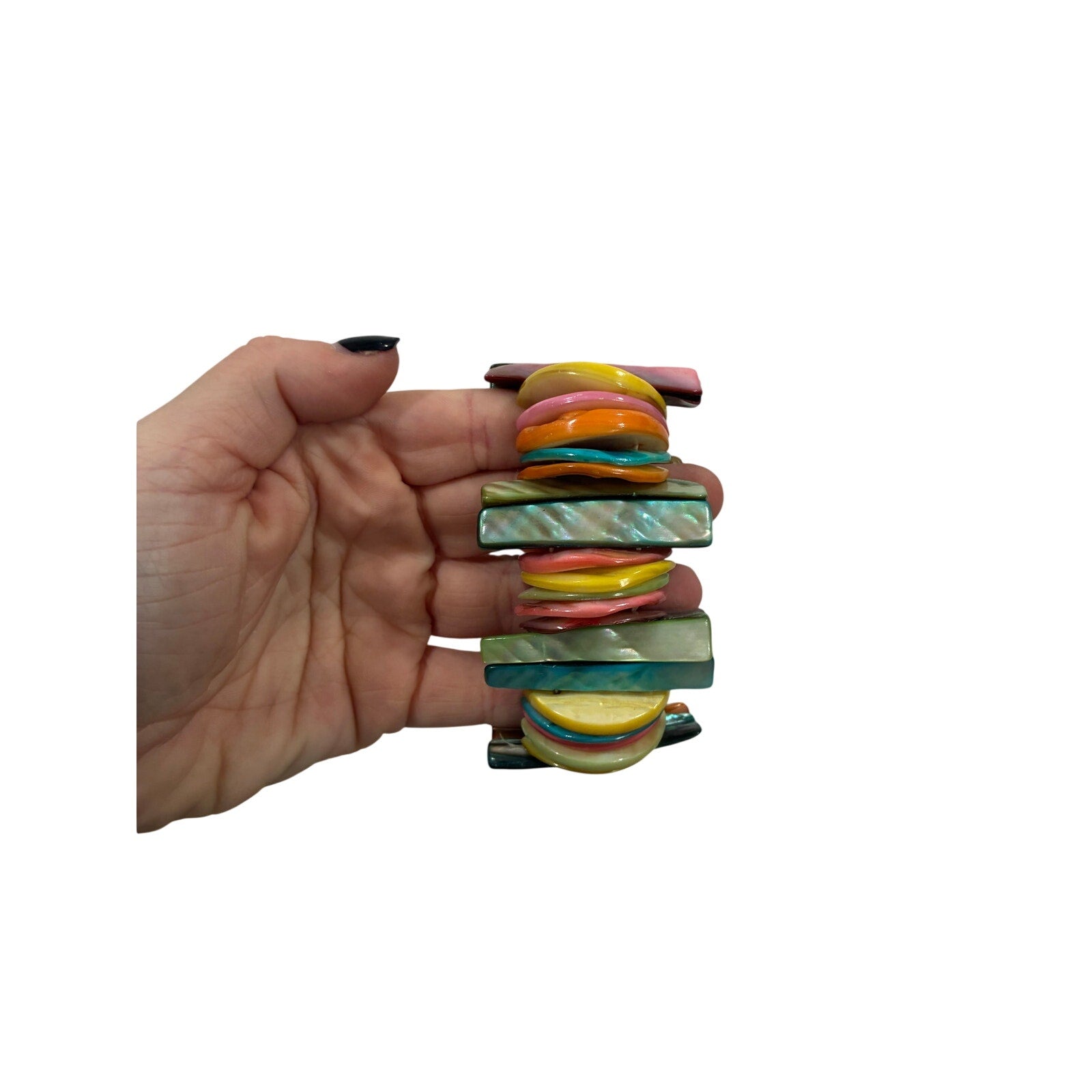 Beaded Mother of Pearl Stretch Bracelet Rainbow Faux Stone One Size Stretchy