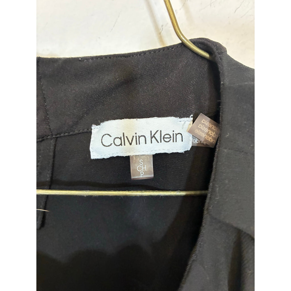 Calvin Klein Black Pleated Neck Flutter Sleeve Blouse Career Chic Top S