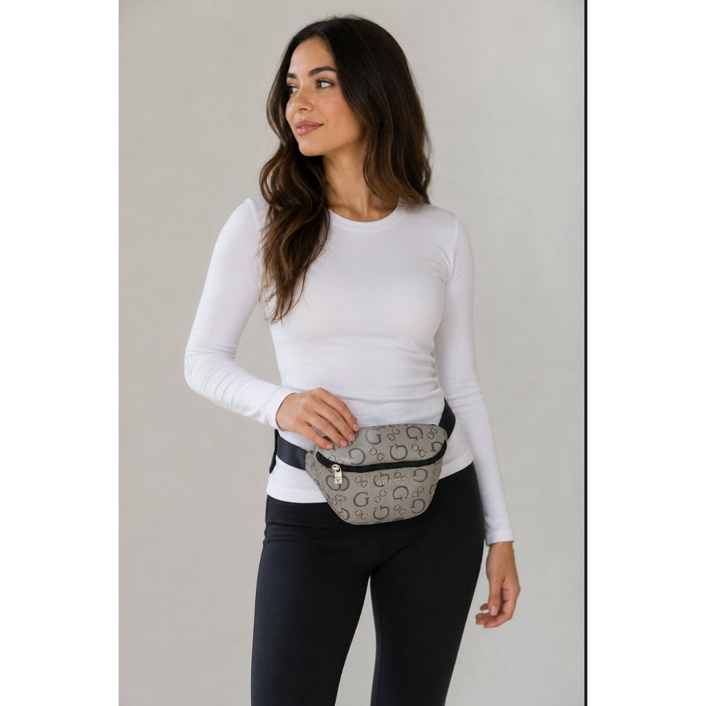 Guess Women's Cassius Grey Monogram Bum Santos Travel Belt Bag New with Tag