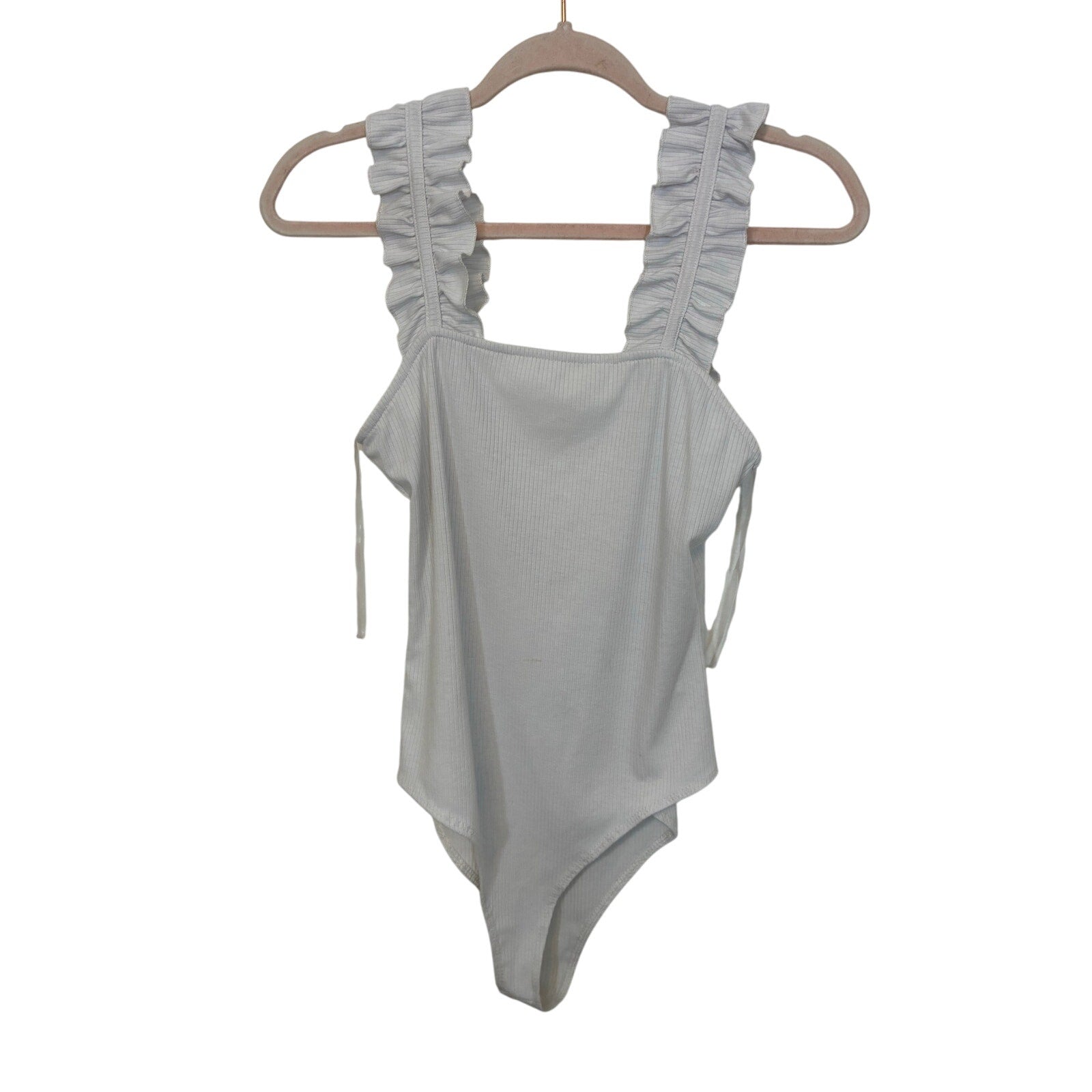 Entro White Ribbed Ruffled Tank Sleeveless Bodysuit Basic Casual Normcore Layer