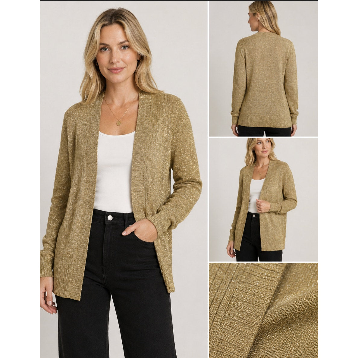 Vintage XXXist Gold Shimmer Knit Cardigan Women’s Large Lurex Open Front Shimmer