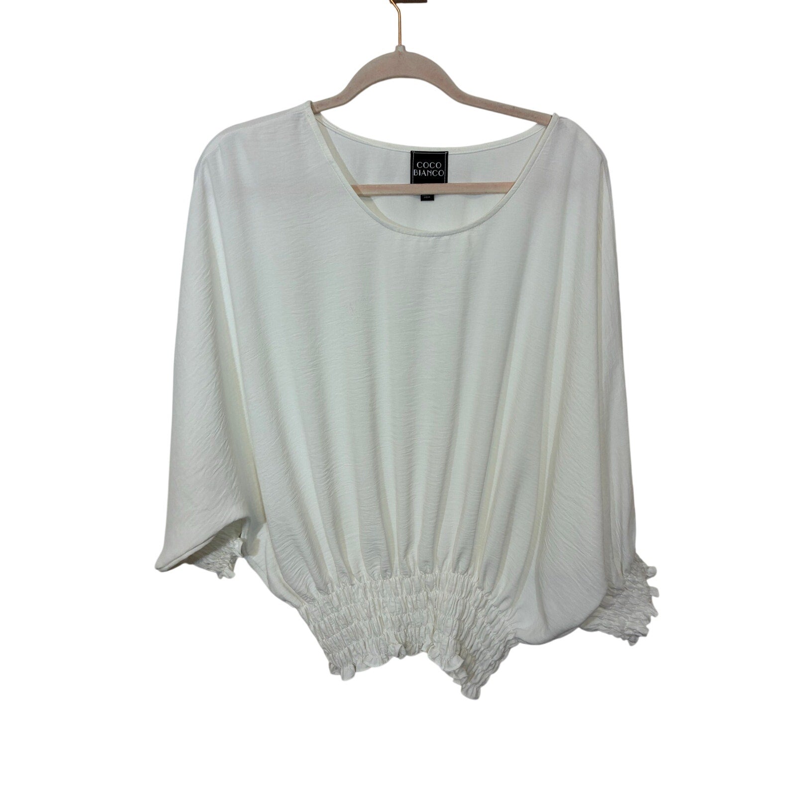 Coco Bianco White Boho Piratecore Peasant Blouse Smocked Waist Top L