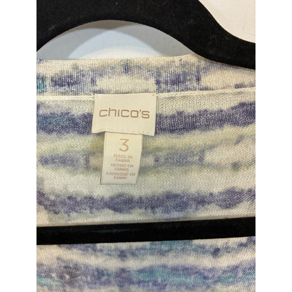 Chico's Linen Blend Ikat Long Duster Cardigan Green Purple Sweater Size 3 XL