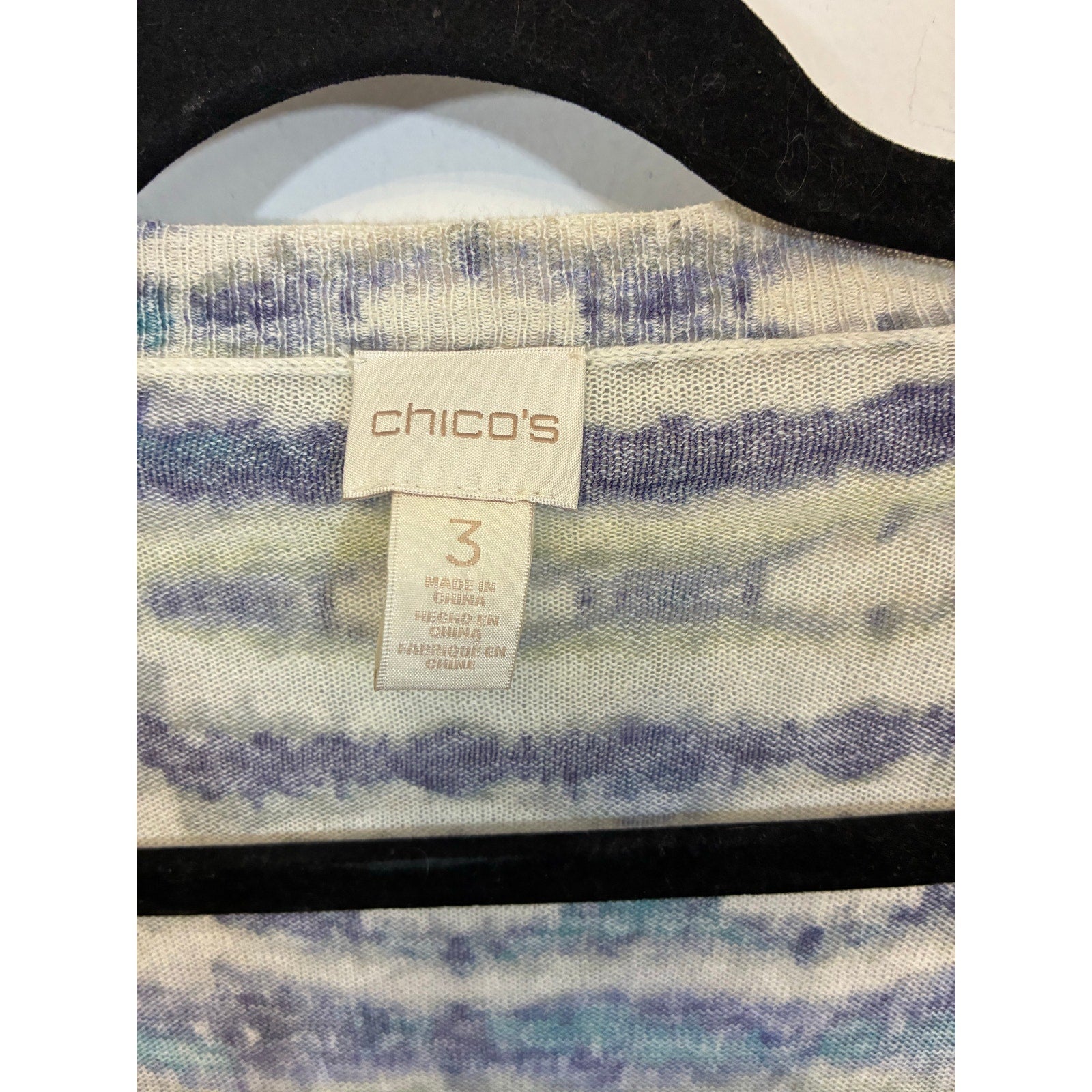 Chico's Linen Blend Ikat Long Duster Cardigan Green Purple Sweater Size 3 XL