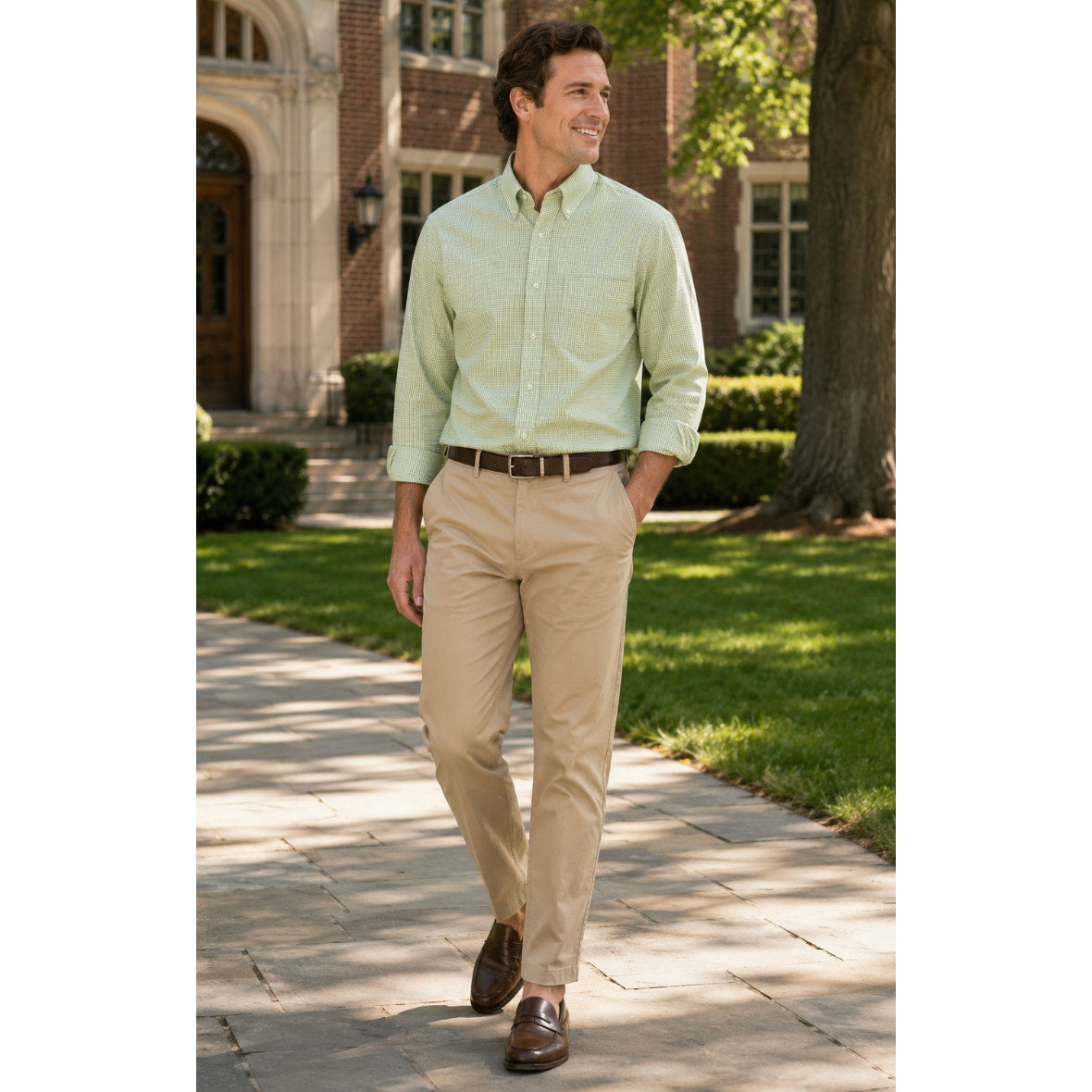 Tommy Hilfiger Men's Checkered Green Button Down  Preppy Academia Dress Shirt