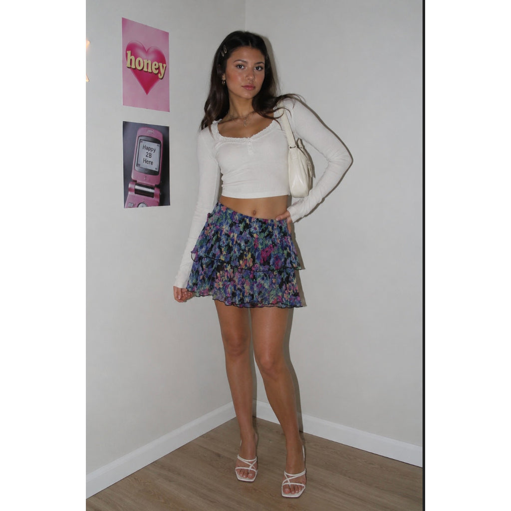 Joe Benbasset Y2K Floral Tiered Ruffle Mini Skirt Multicolor Elastic Waist L