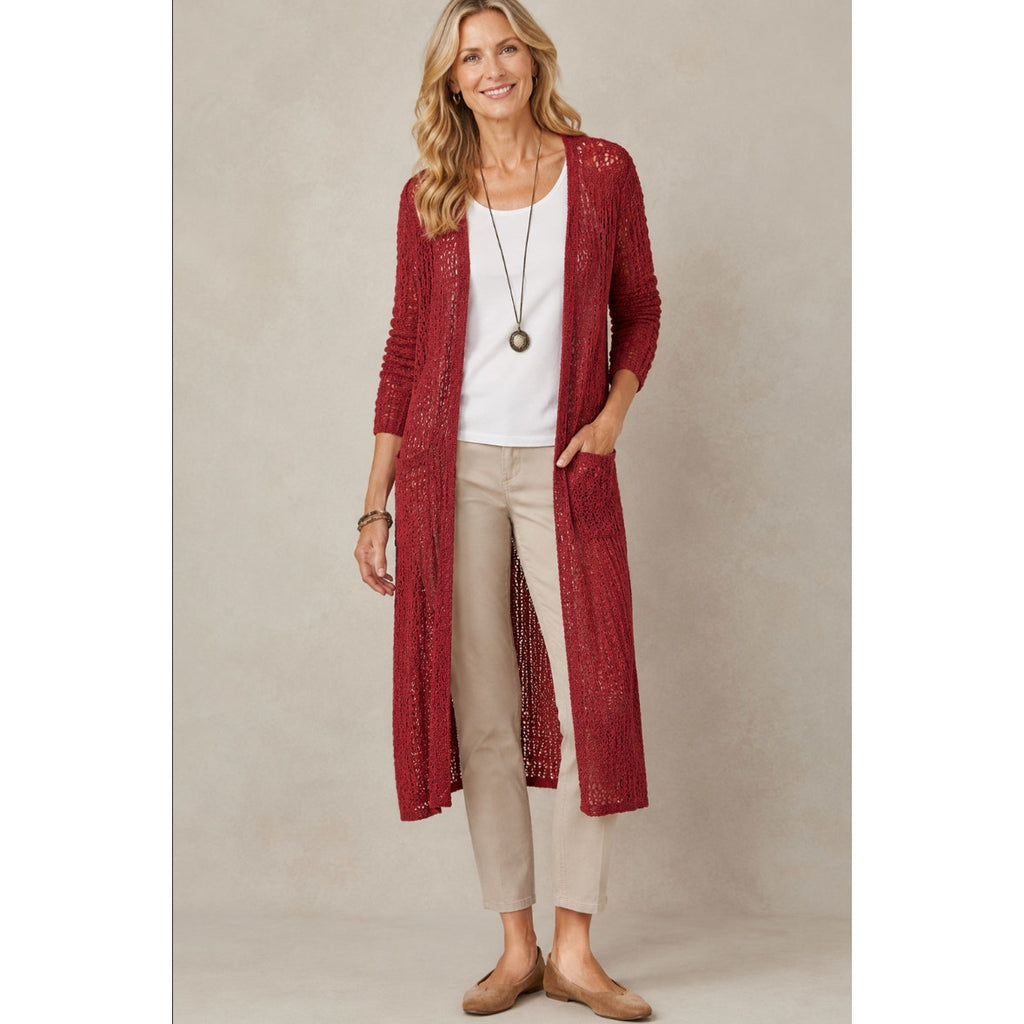 J.Jill Open Knit Long Line Cardigan Cranberry Crochet Open Front Sweater Women S