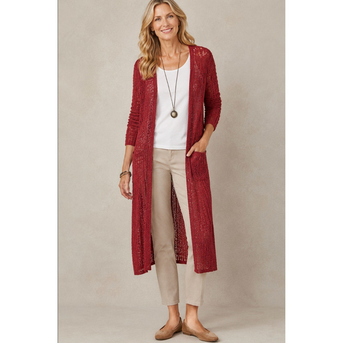 J.Jill Open Knit Long Line Cardigan Cranberry Crochet Open Front Sweater Women S