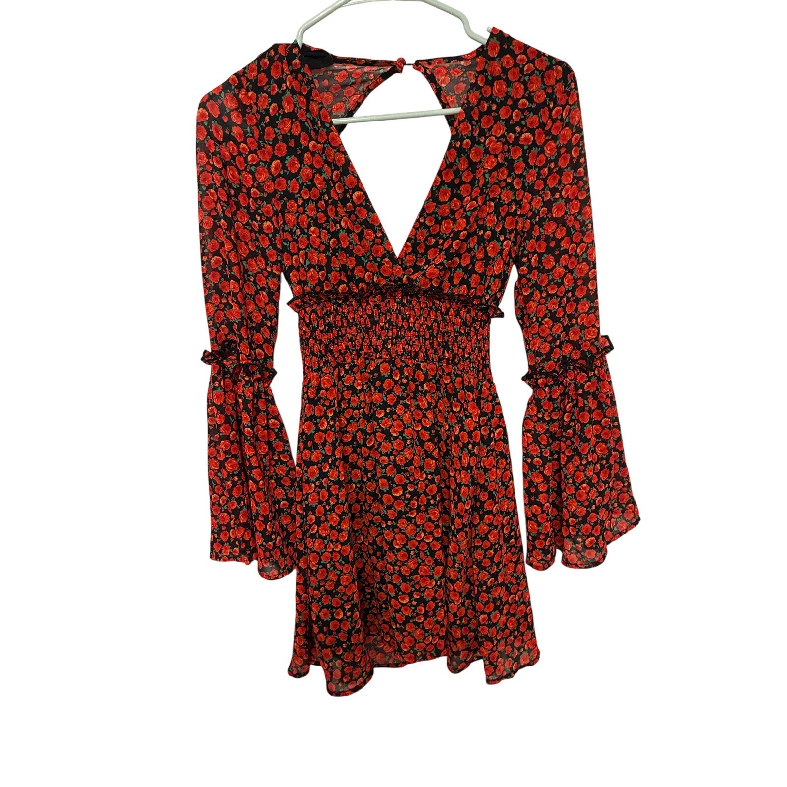 Cider Floral Mini Dress XS Red Black Goth Whimsygoth Bell Sleeve Smocked Grunge