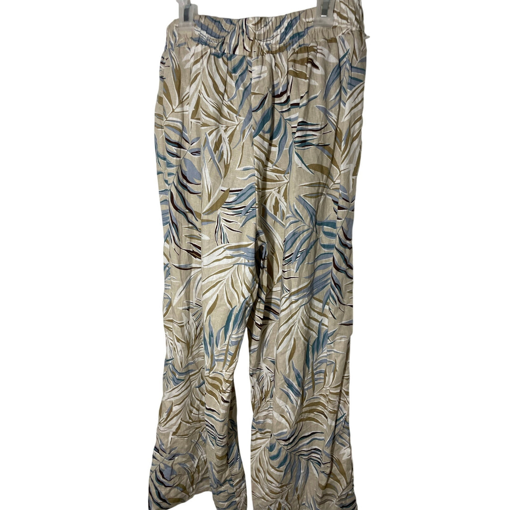C&C California Tan Leaf Pattern Hawaiian Style Elastic Casual Pants Linen Small
