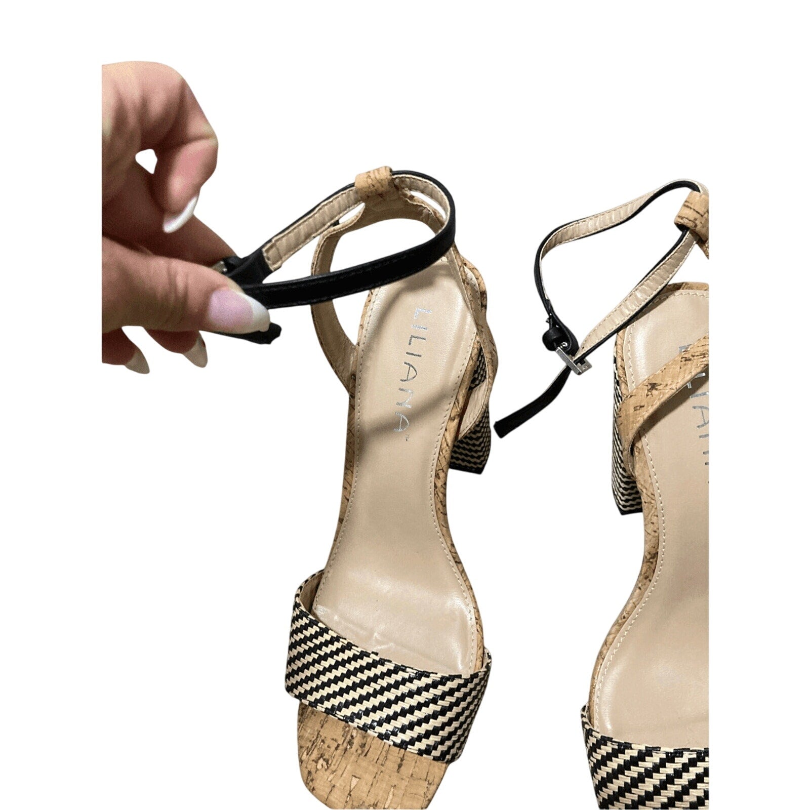 Liliana SZ 7 Cork Striped Block Monochromatic Open Toed Heels Preppy Minimalist